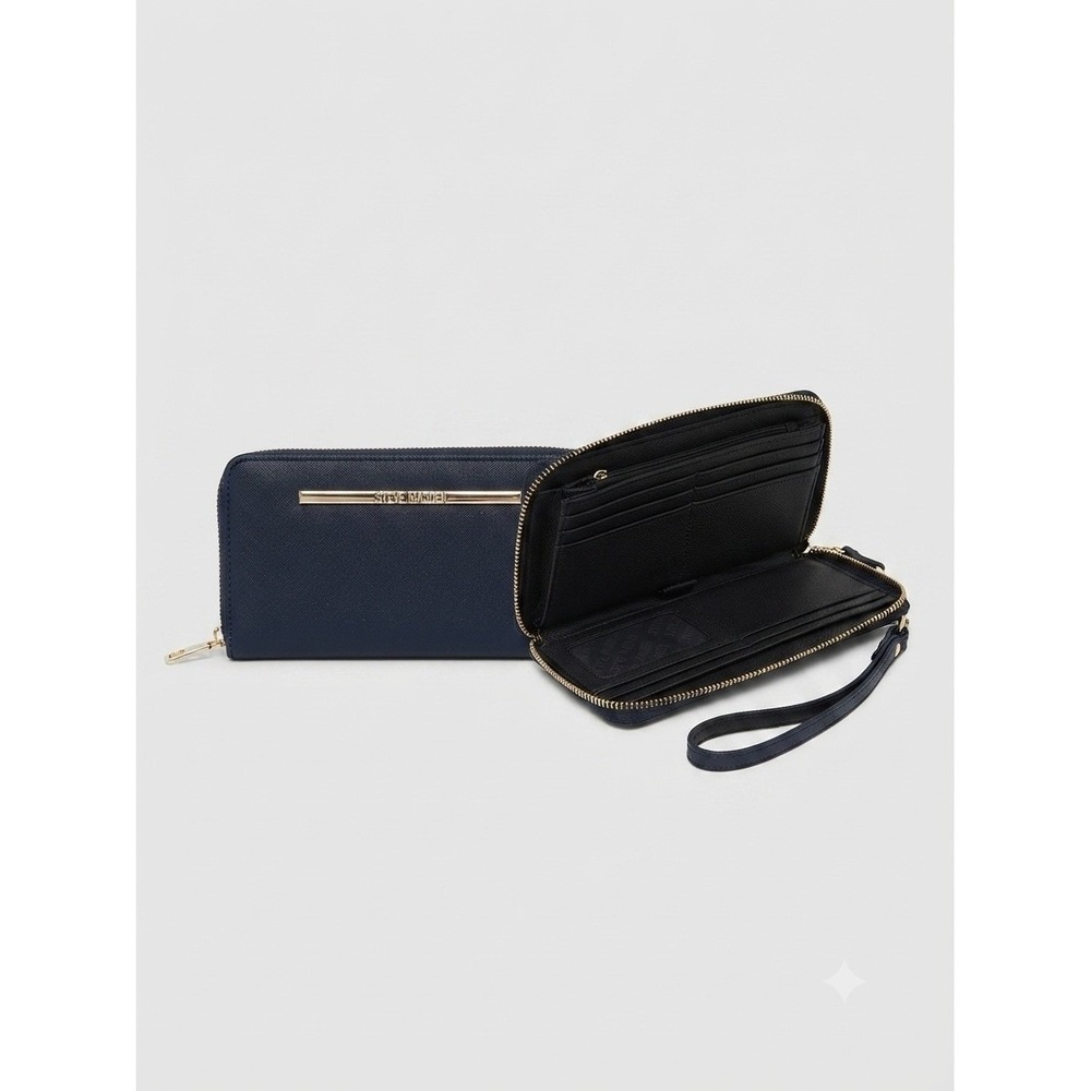 Steve Madden Womens Navy Blue Saffiano Leather Zip Around Wristlet Wallet Gold